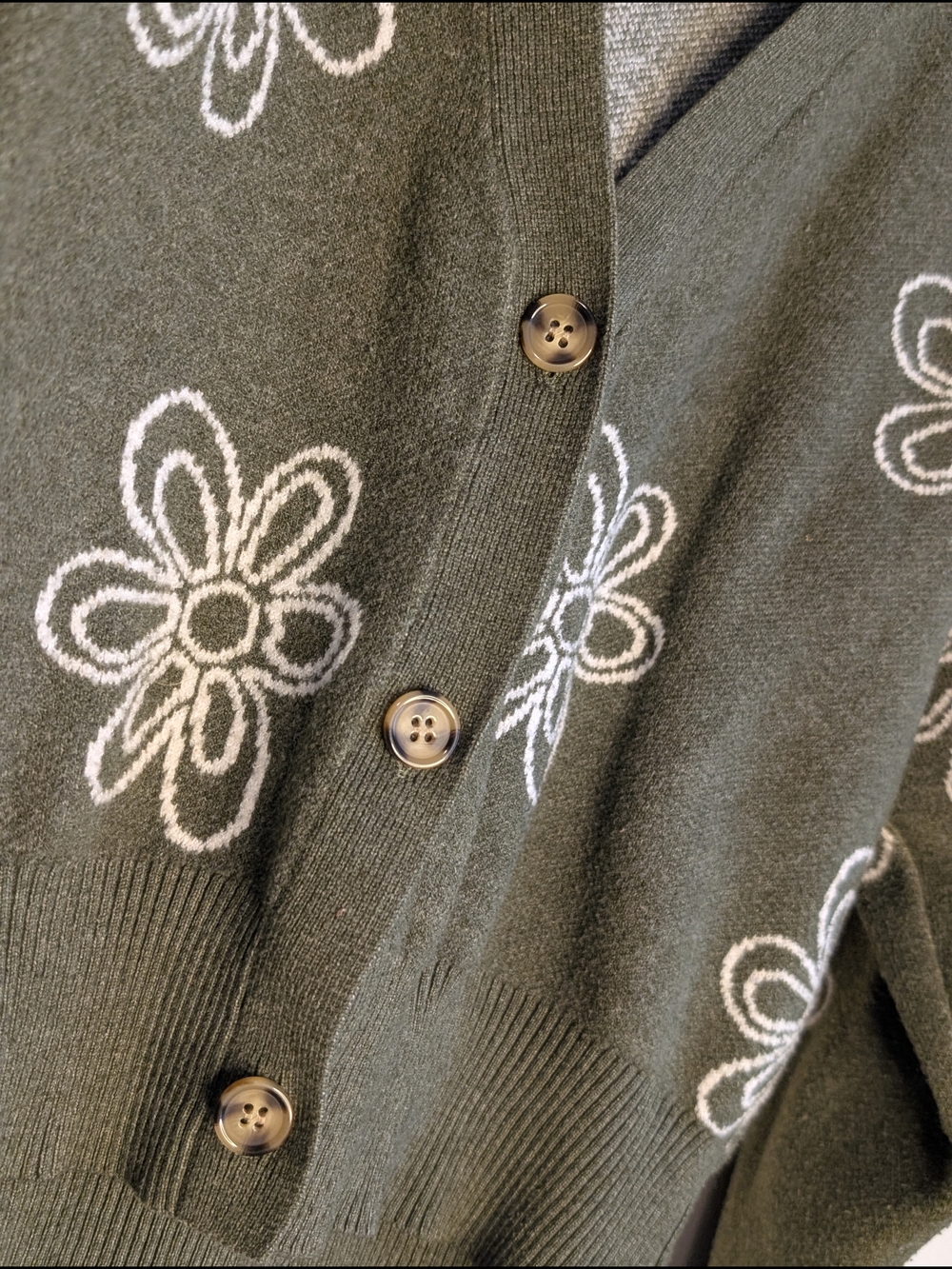 No Boundaries Olive Green Floral Knit Button-Front Cardigan - Picture 3 of 4